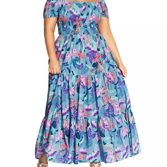 City Chic Aqua Blue Floral Maxi Dress with Smocked Bodice Plus Size 18 - Picture 14 of 15